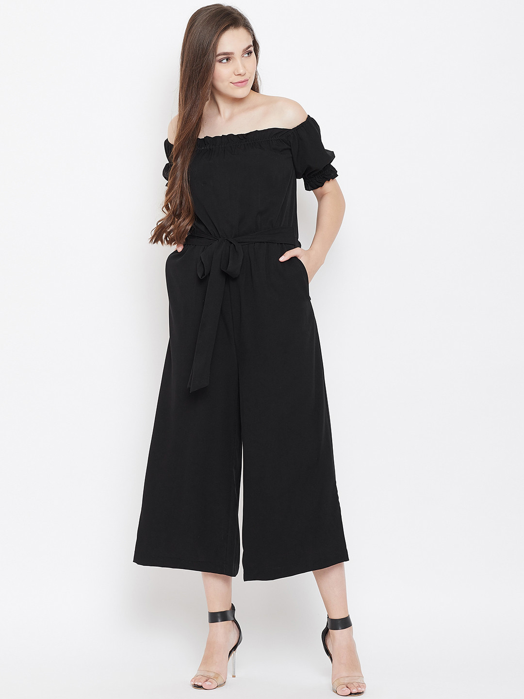 

Cottinfab Women Black Solid Off-Shoulder Basic Jumpsuit