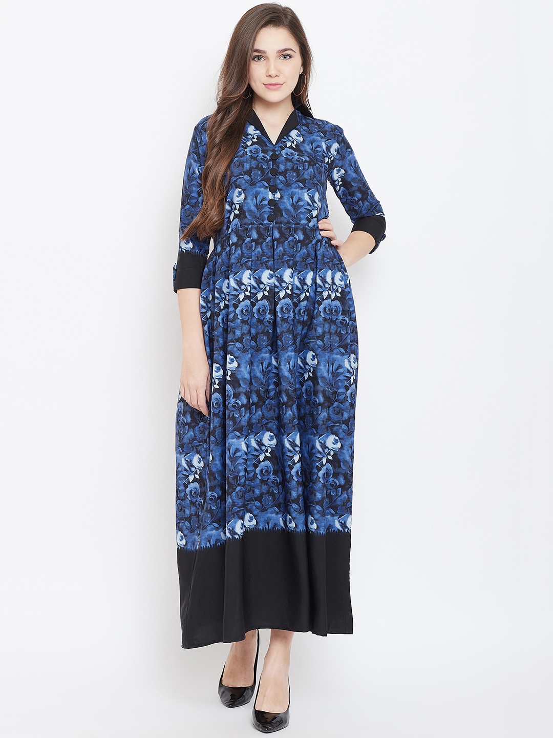 

Cottinfab Women Blue & Black Floral Printed Maxi Dress