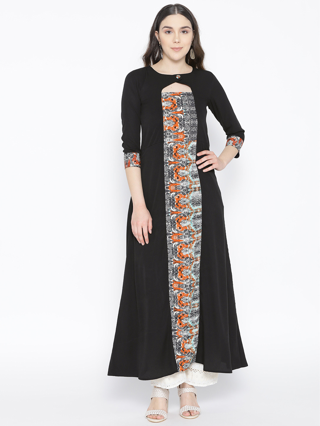 

Cottinfab Women Black & Off-White Printed A-Line Kurta