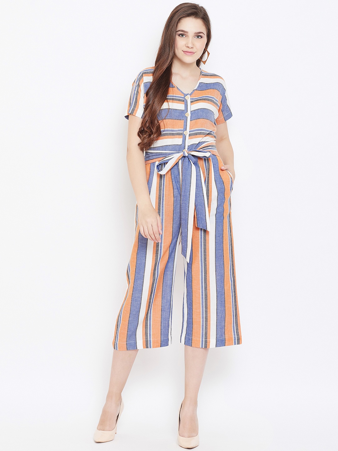 

Cottinfab Women Blue & Orange Striped Culotte Jumpsuit