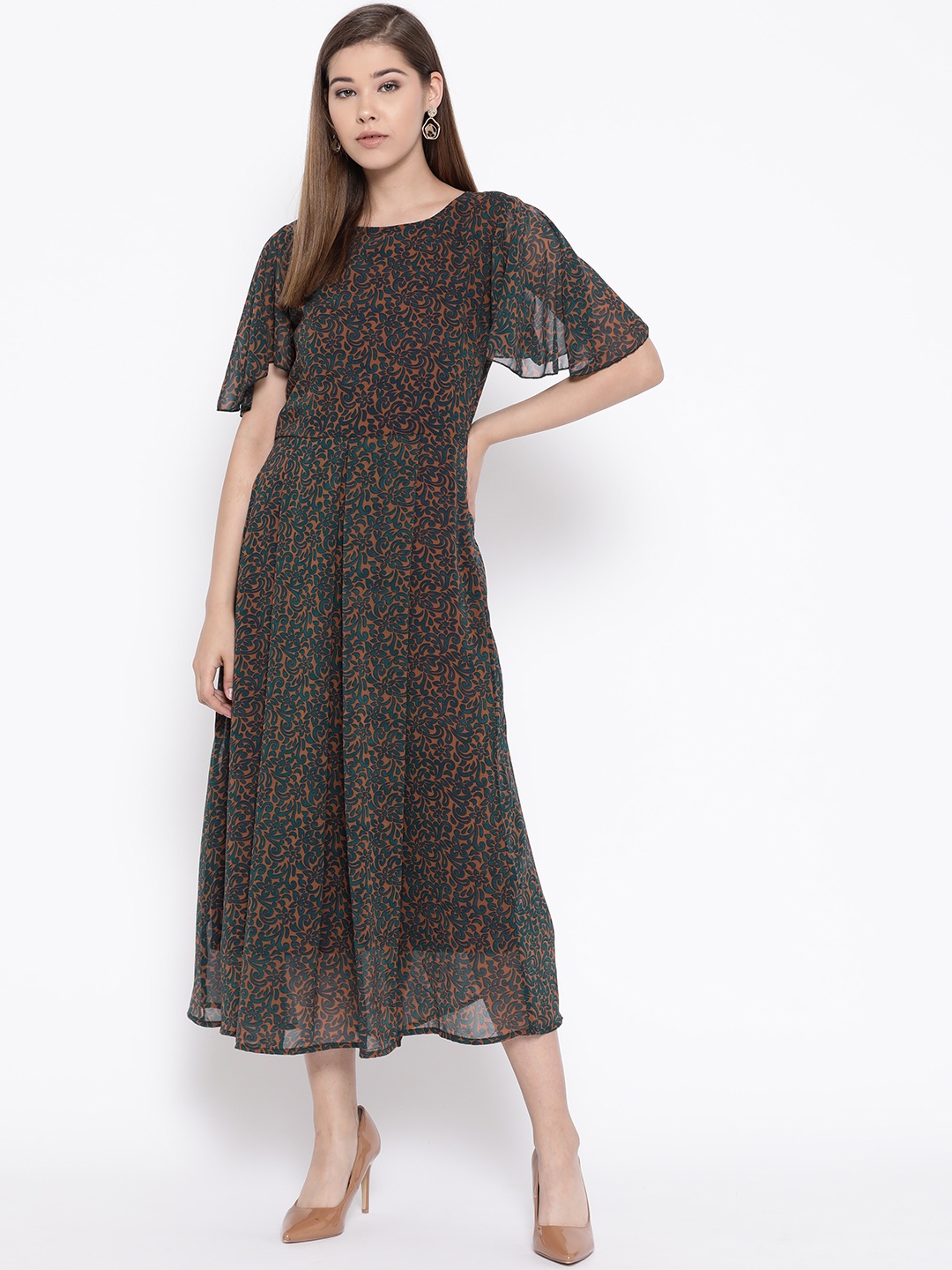 

Cottinfab Women Teal Green & Mustard Brown Printed A-Line Dress
