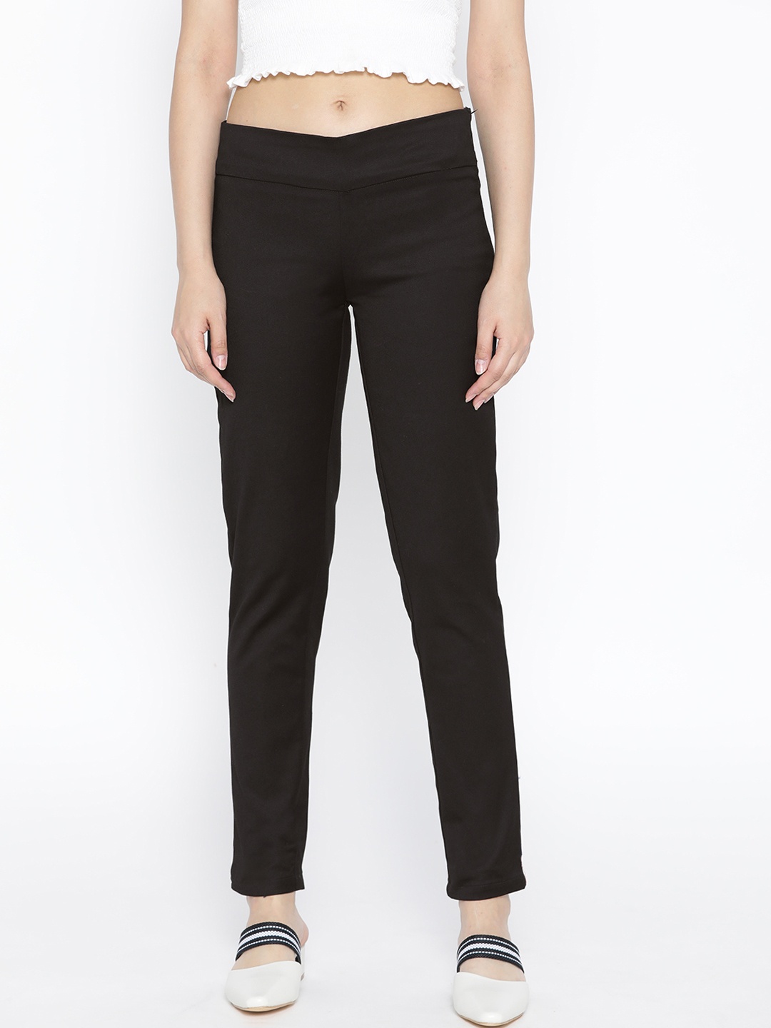

Cottinfab Women Black Straight Fit Solid Cigarette Trousers