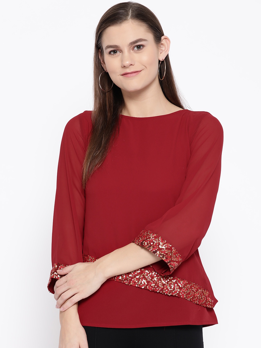 

Cottinfab Women Red Layered Solid Top