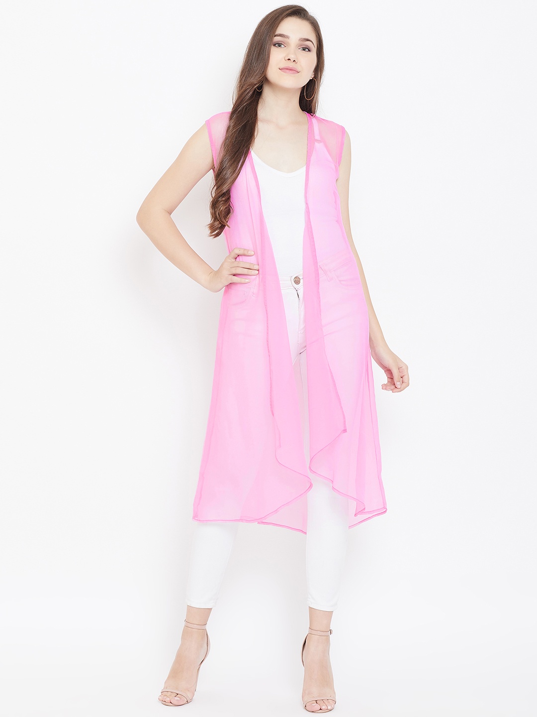 

Cottinfab Women Pink Sheer Longline Solid Open Front Shrug