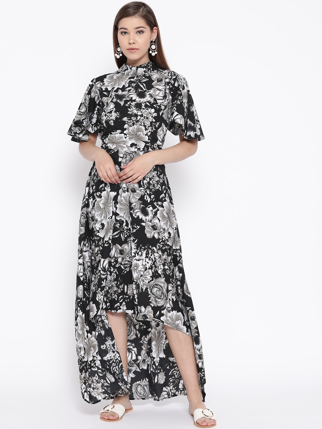 

Cottinfab Women Black & Grey Floral Print Maxi Dress