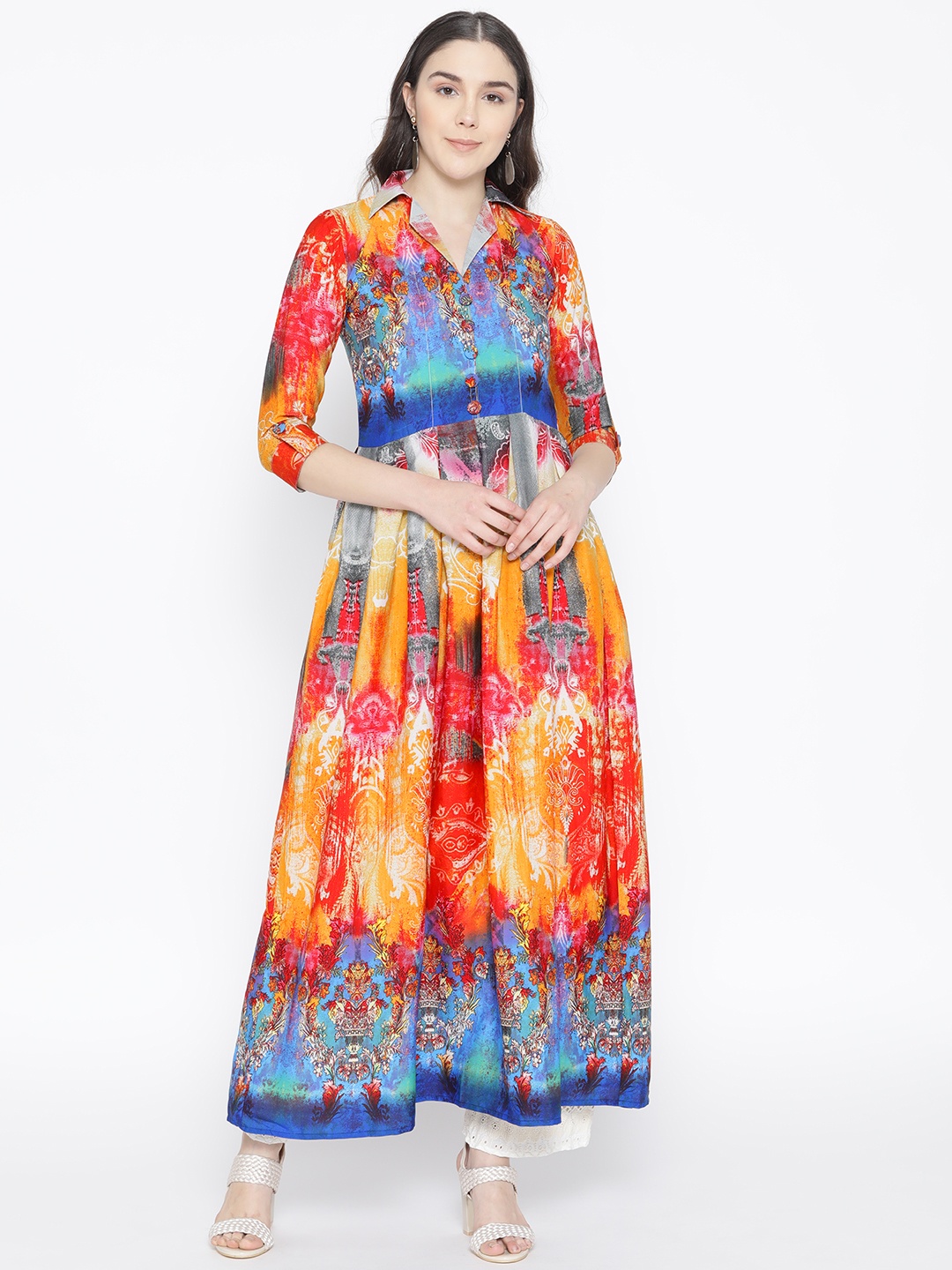 

Cottinfab Women Orange & Blue Printed Anarkali Kurta