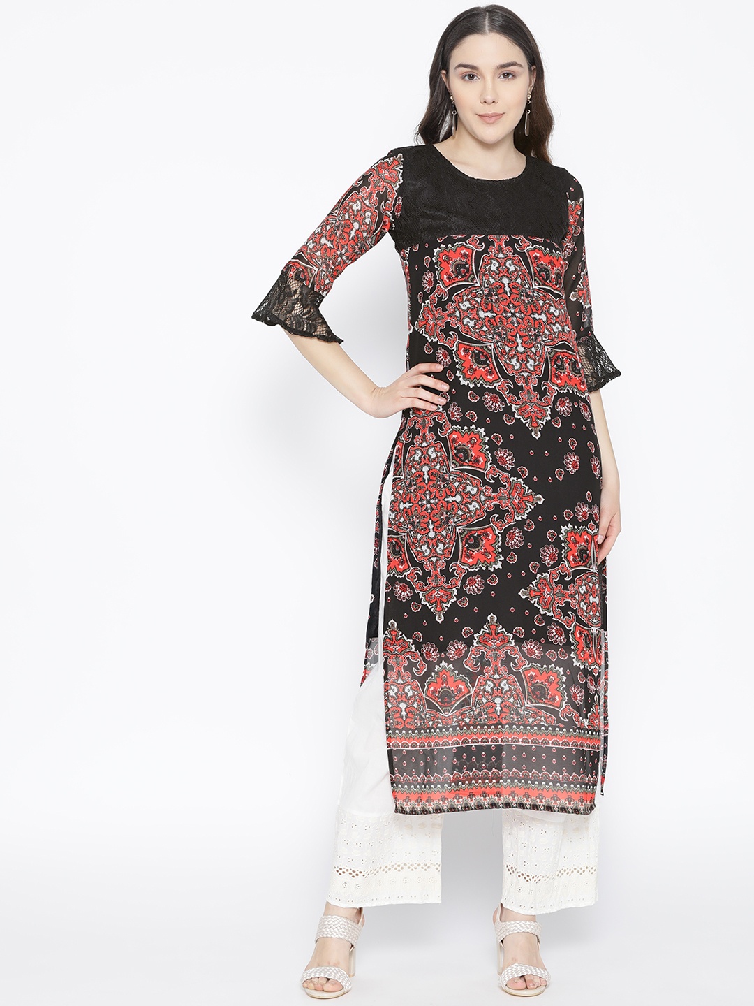 

Cottinfab Women Black & Orange Printed Straight Kurta