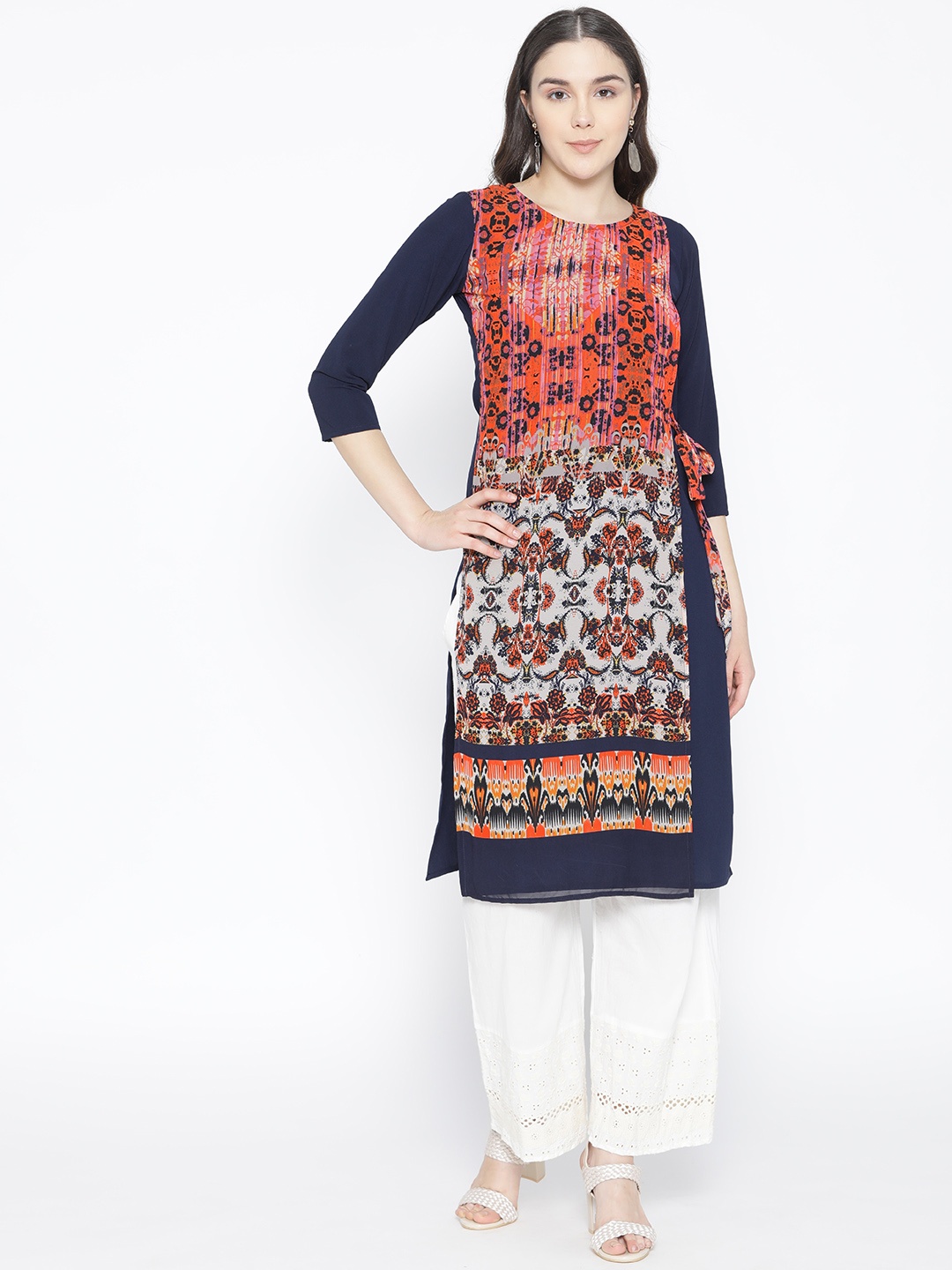 

Cottinfab Women Navy Blue & Orange Printed Straight Layered Kurta