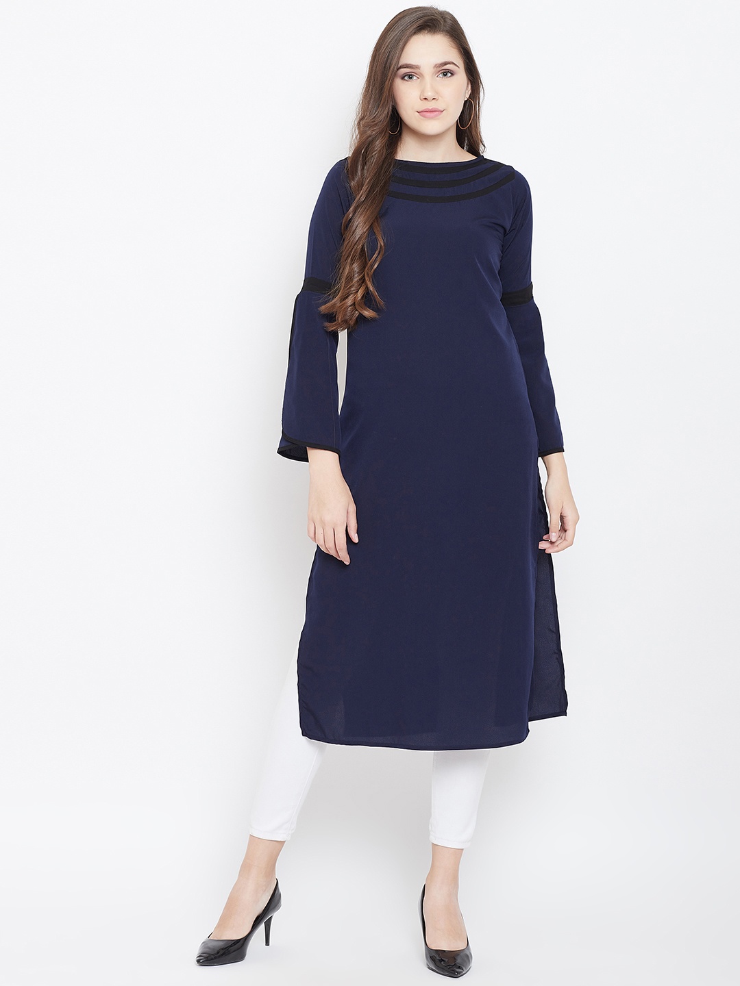 

Cottinfab Women Navy Blue Solid Straight Kurta