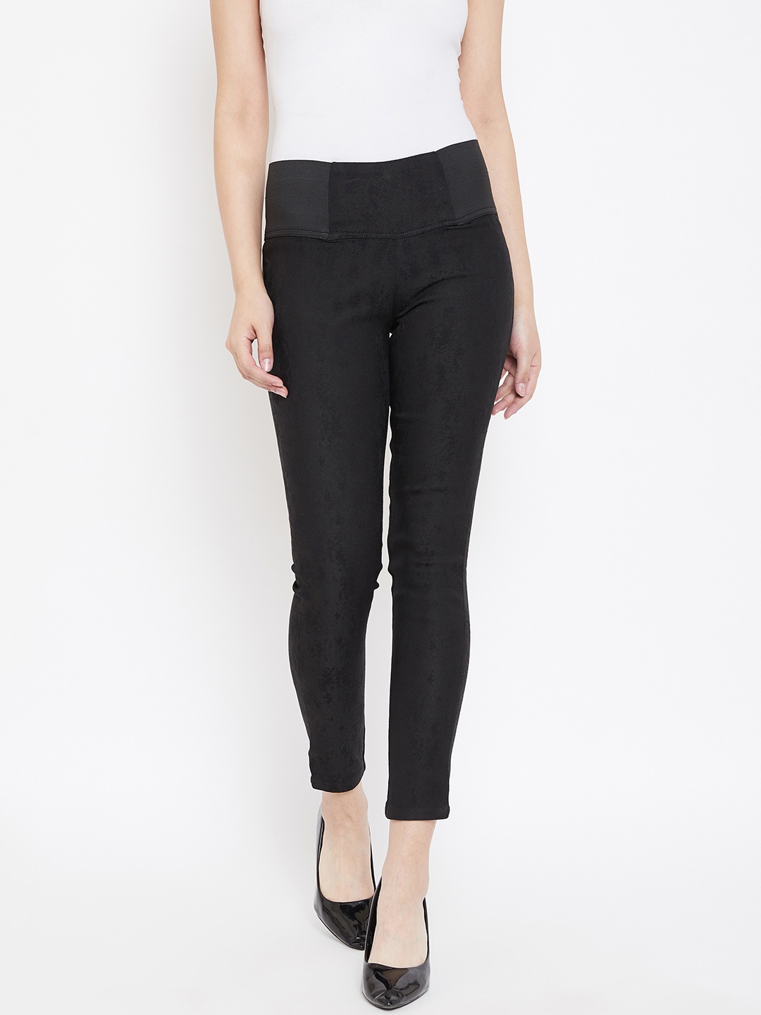 

urSense Women Black Self Design Slim-Fit Treggings