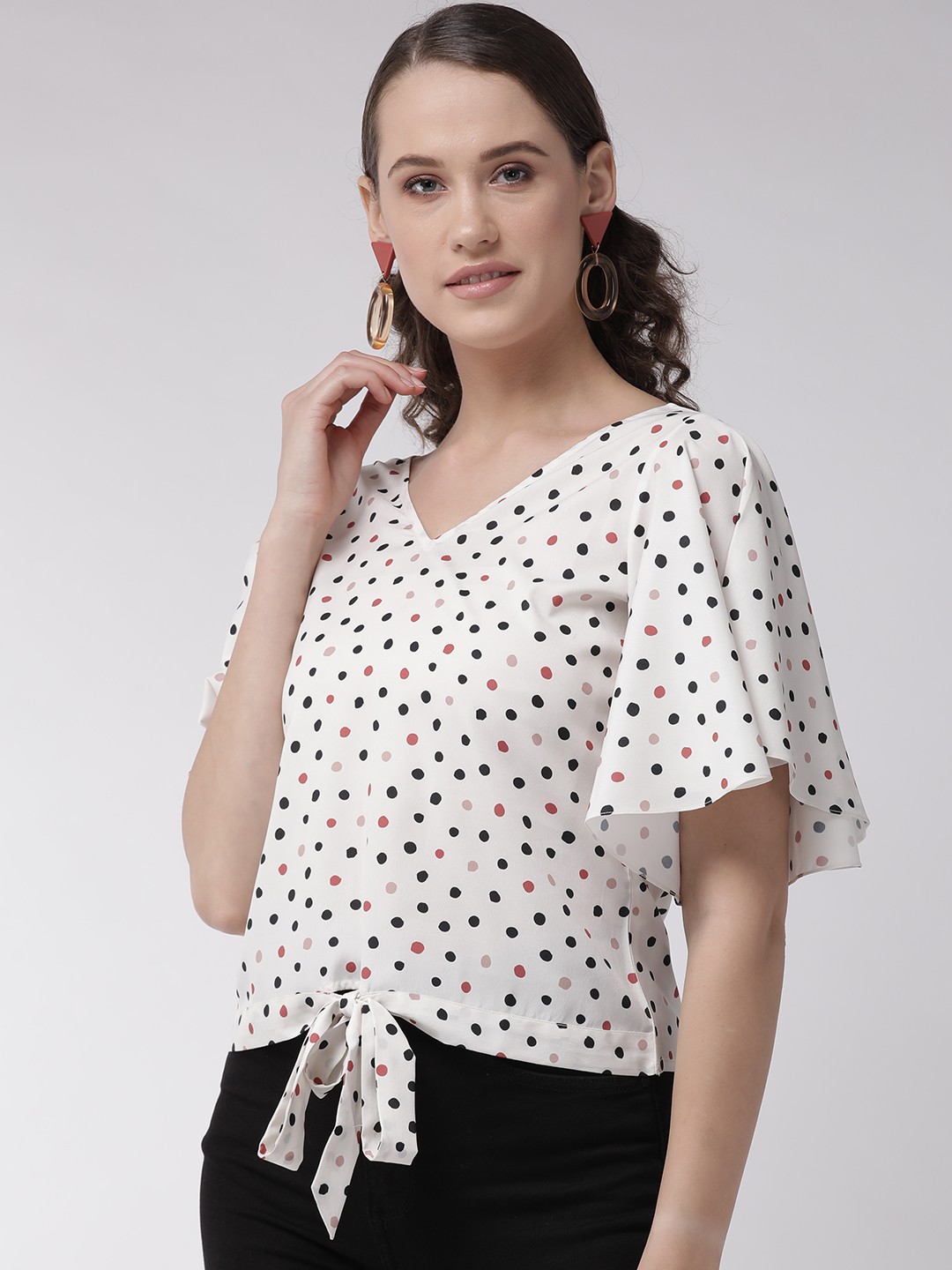 

MISH Women Off-White & Black Polka Dot Print Top