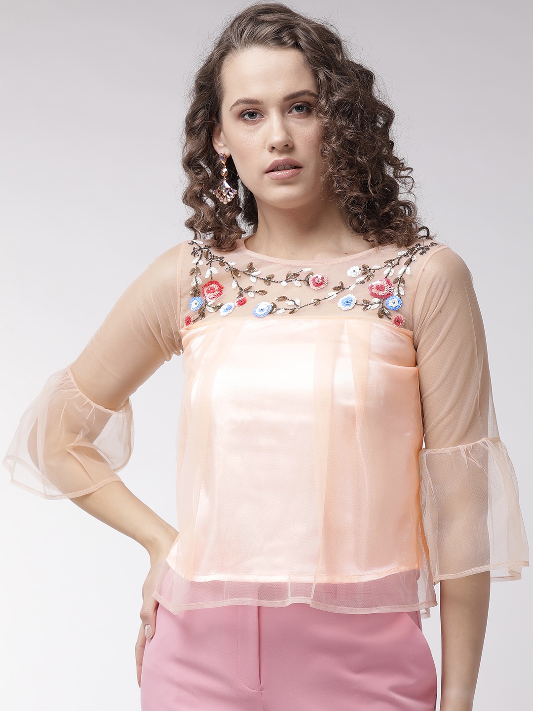 

MISH Women Peach-Coloured Net Solid Top