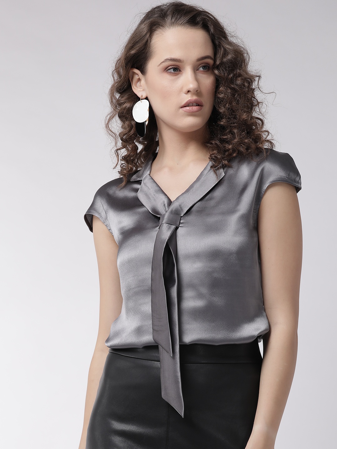 

MISH Women Charcoal Grey Solid Satin Finish Top