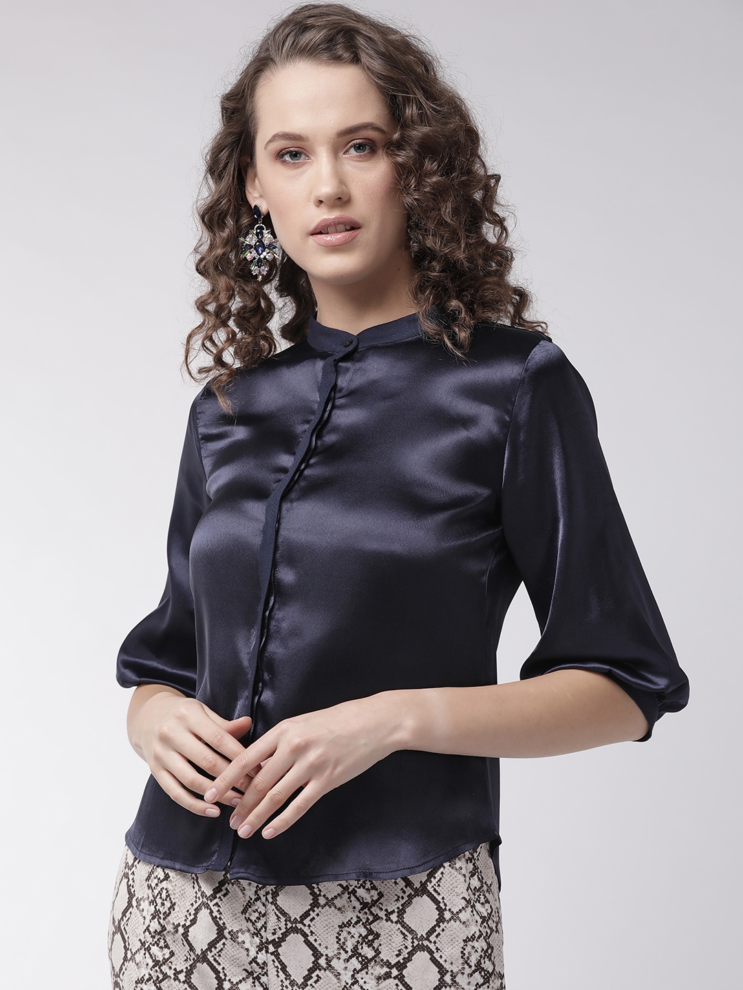 

MISH Women Navy Blue Regular Fit Solid Satin Finish Partywear Shirt