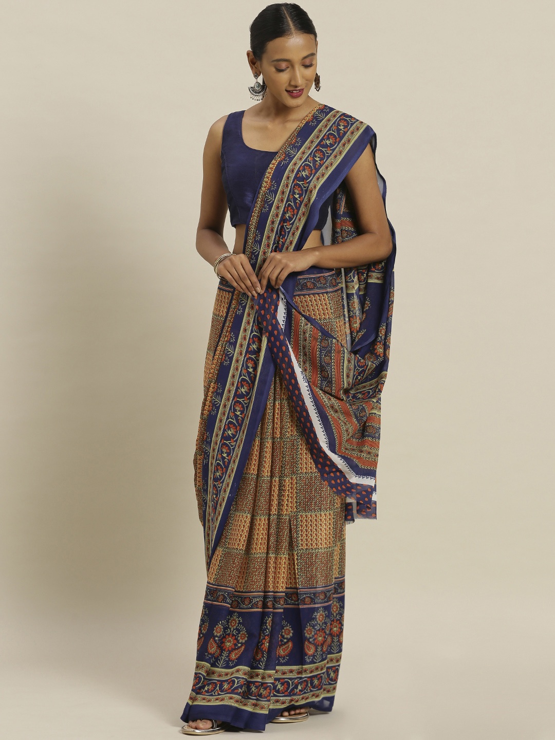 

Satrani Orange & Navy Blue Poly Georgette Printed Saree