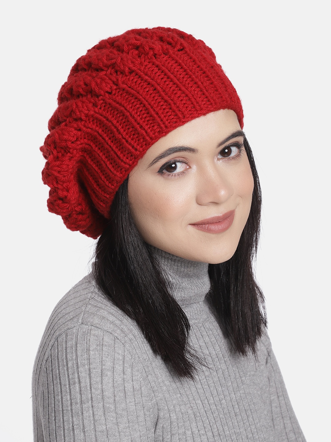 

Magic Needles Women Red Self Design Beanie