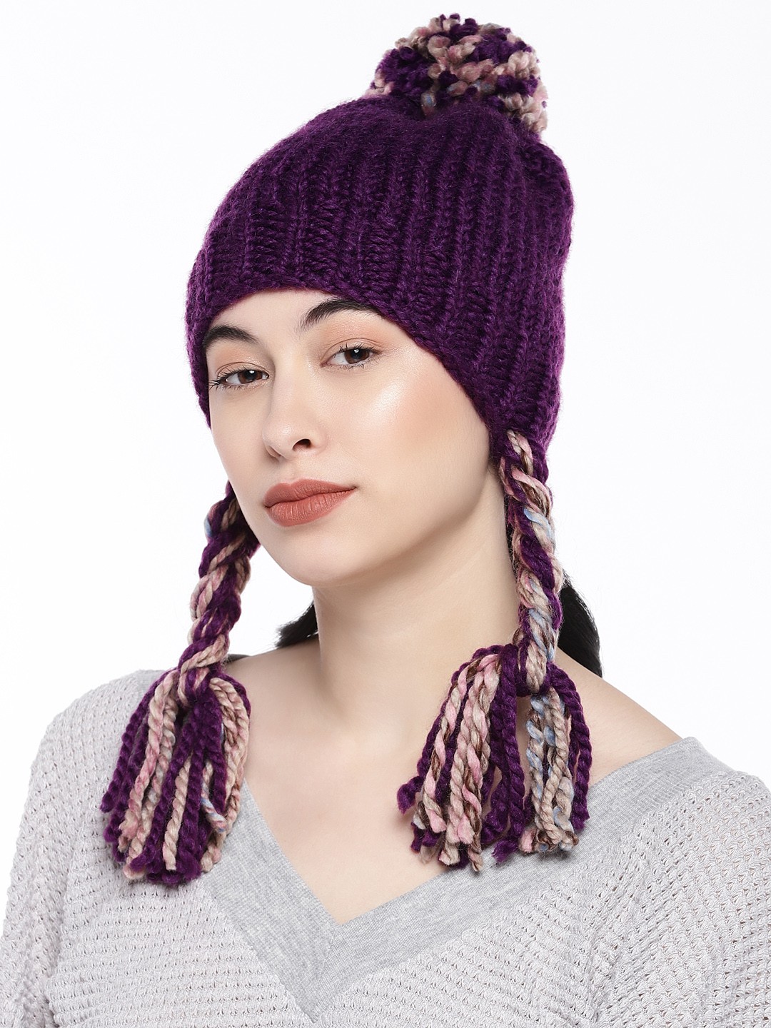 

Magic Needles Women Purple Self Design Beanie
