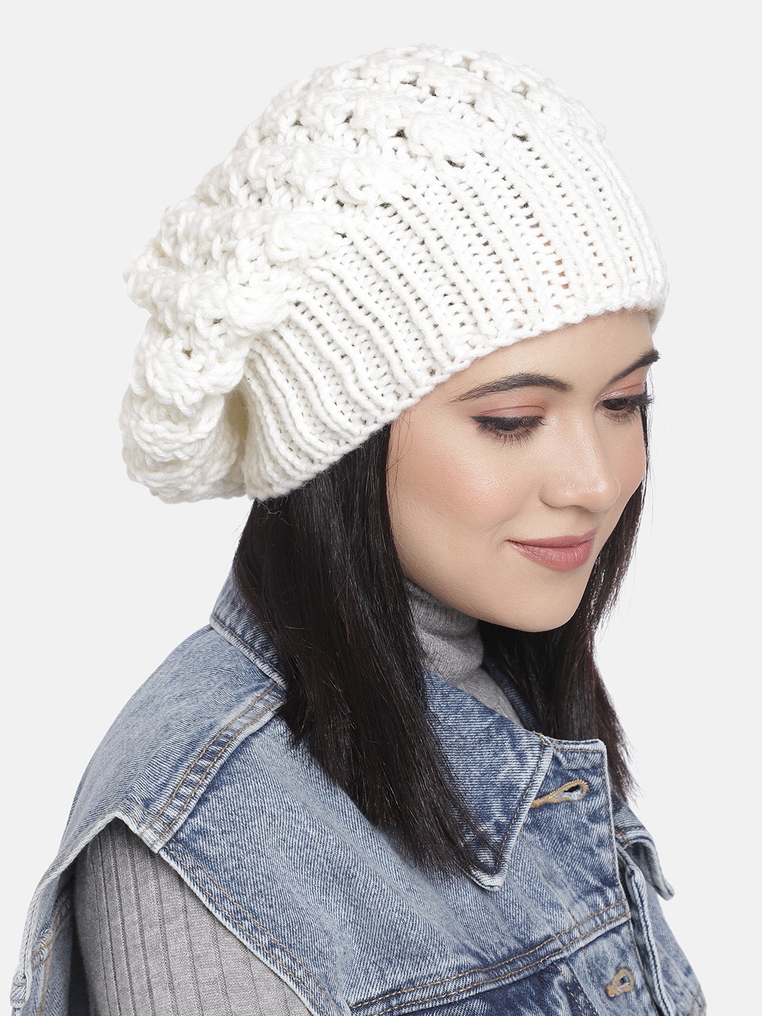 

Magic Needles Women White Self Design Beanie