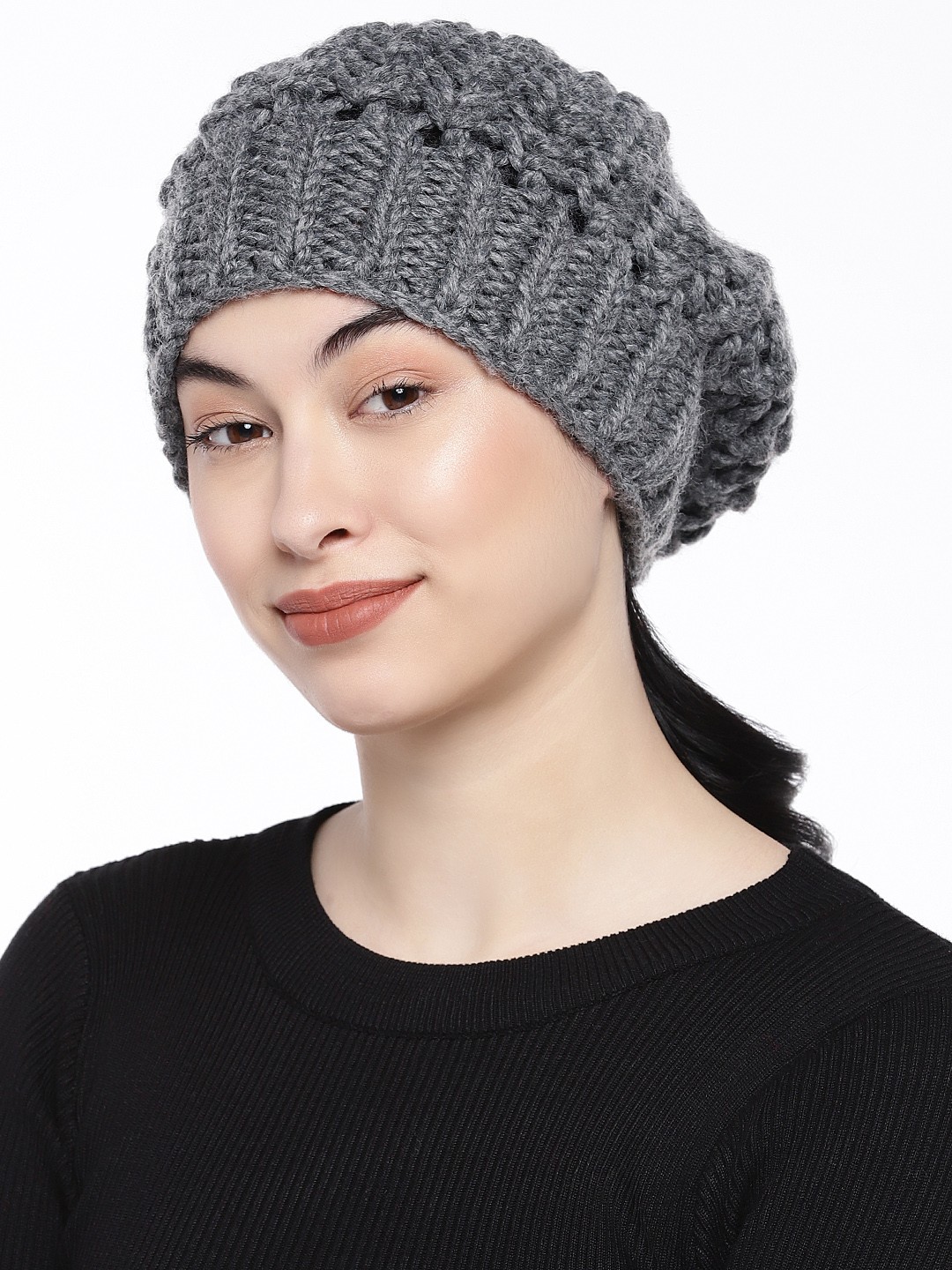 

Magic Needles Women Grey Self Design Beanie