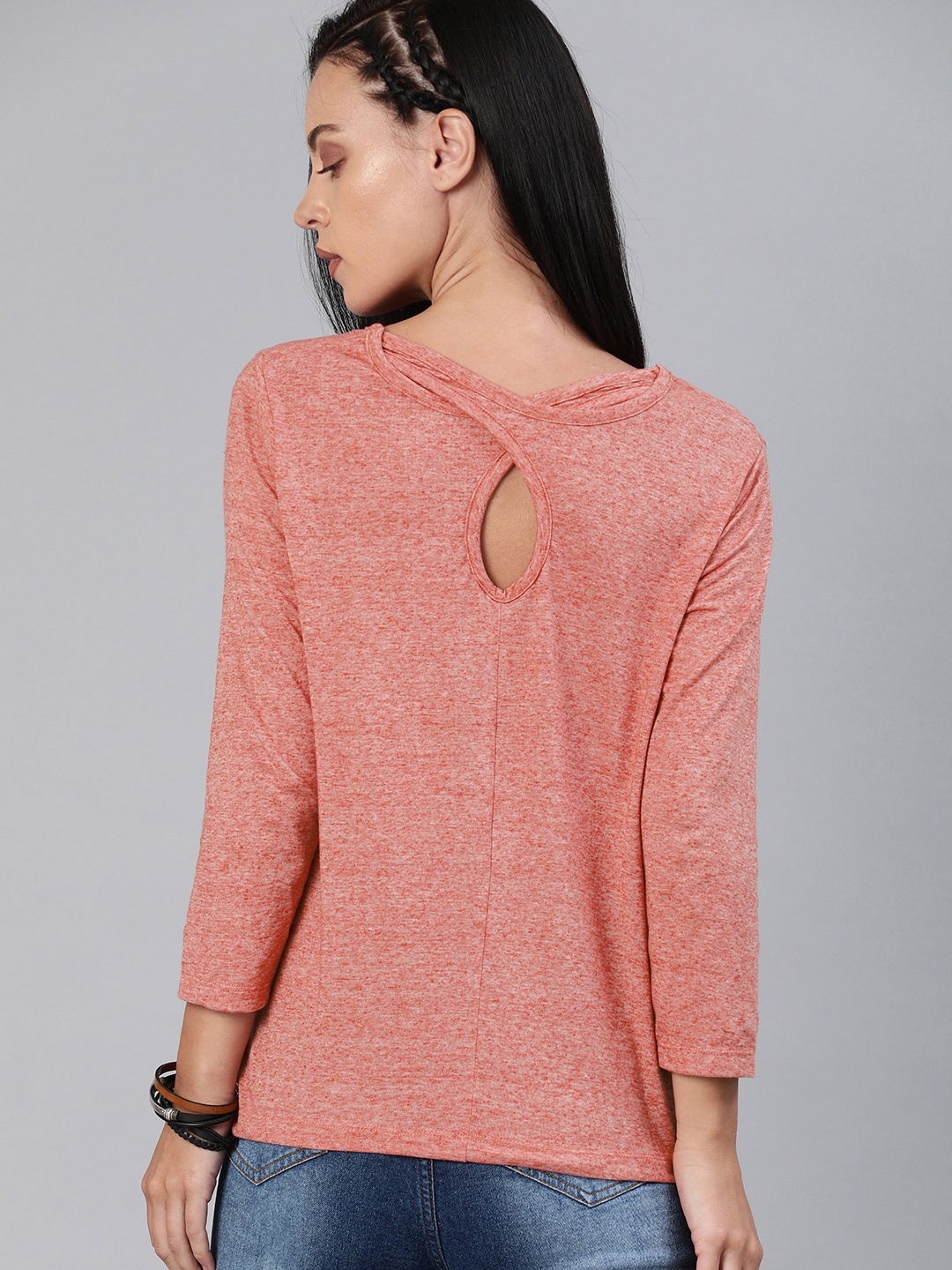 

The Roadster Lifestyle Co Women Coral Pink Melange Solid Round Styled Back Detailed T-shirt