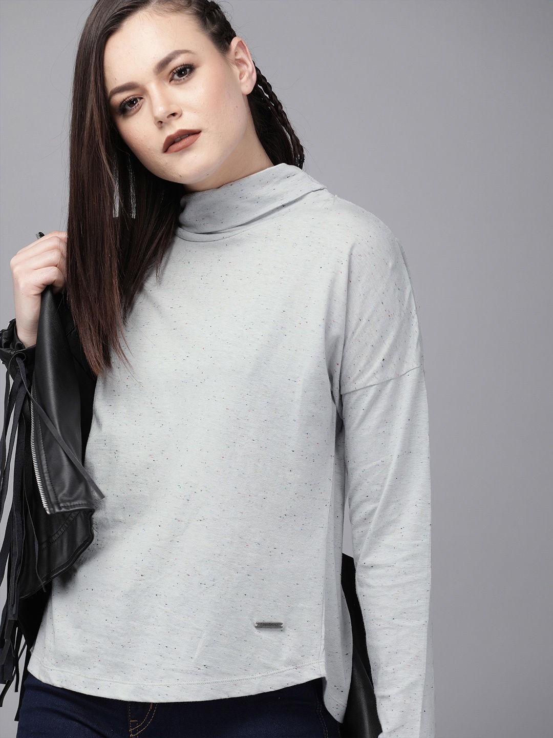 

Roadster Women Grey Speckled High Neck T-shirt