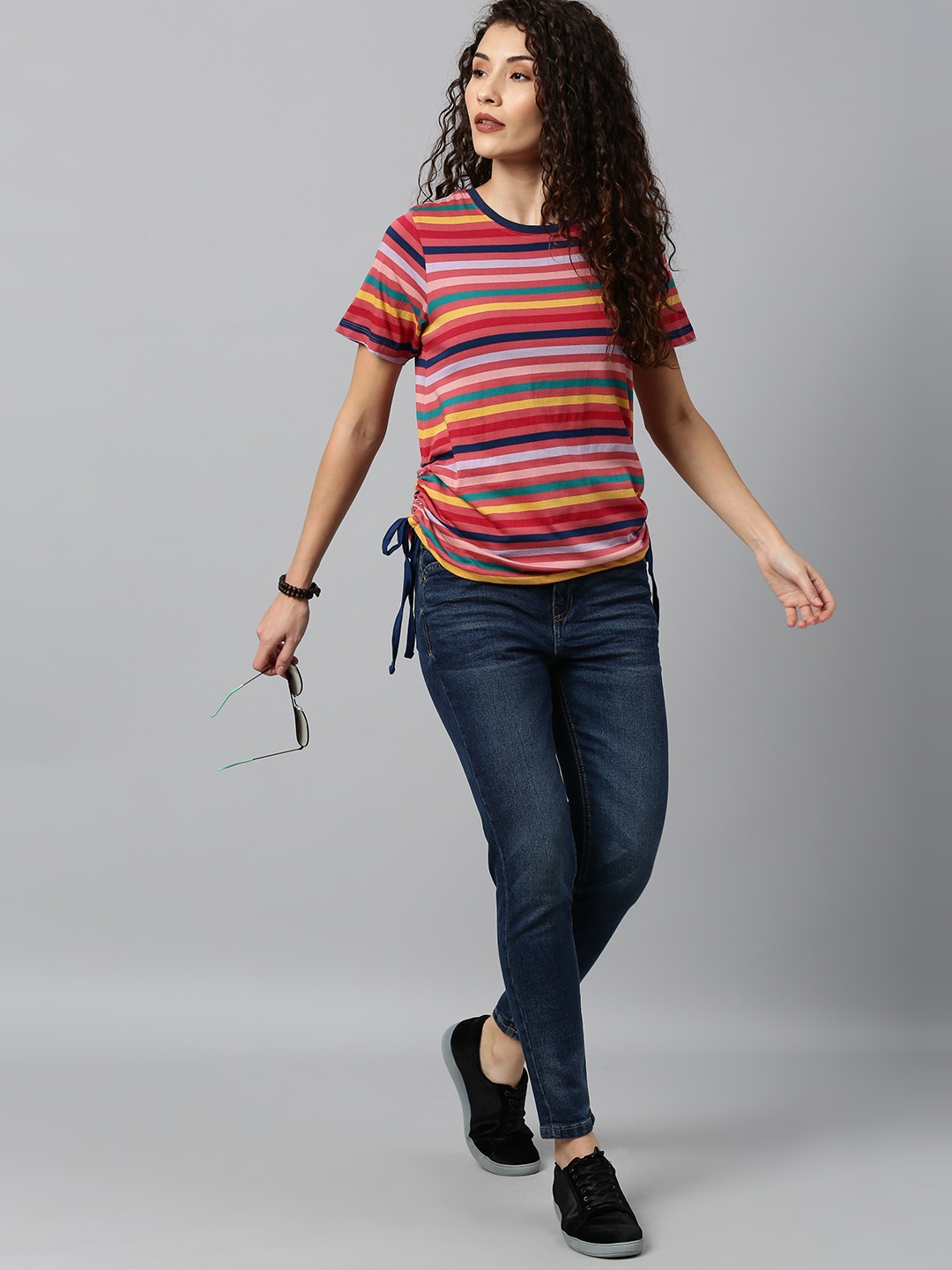 

The Roadster Lifestyle Co Women Red Striped Round Neck Pure Cotton T-shirt