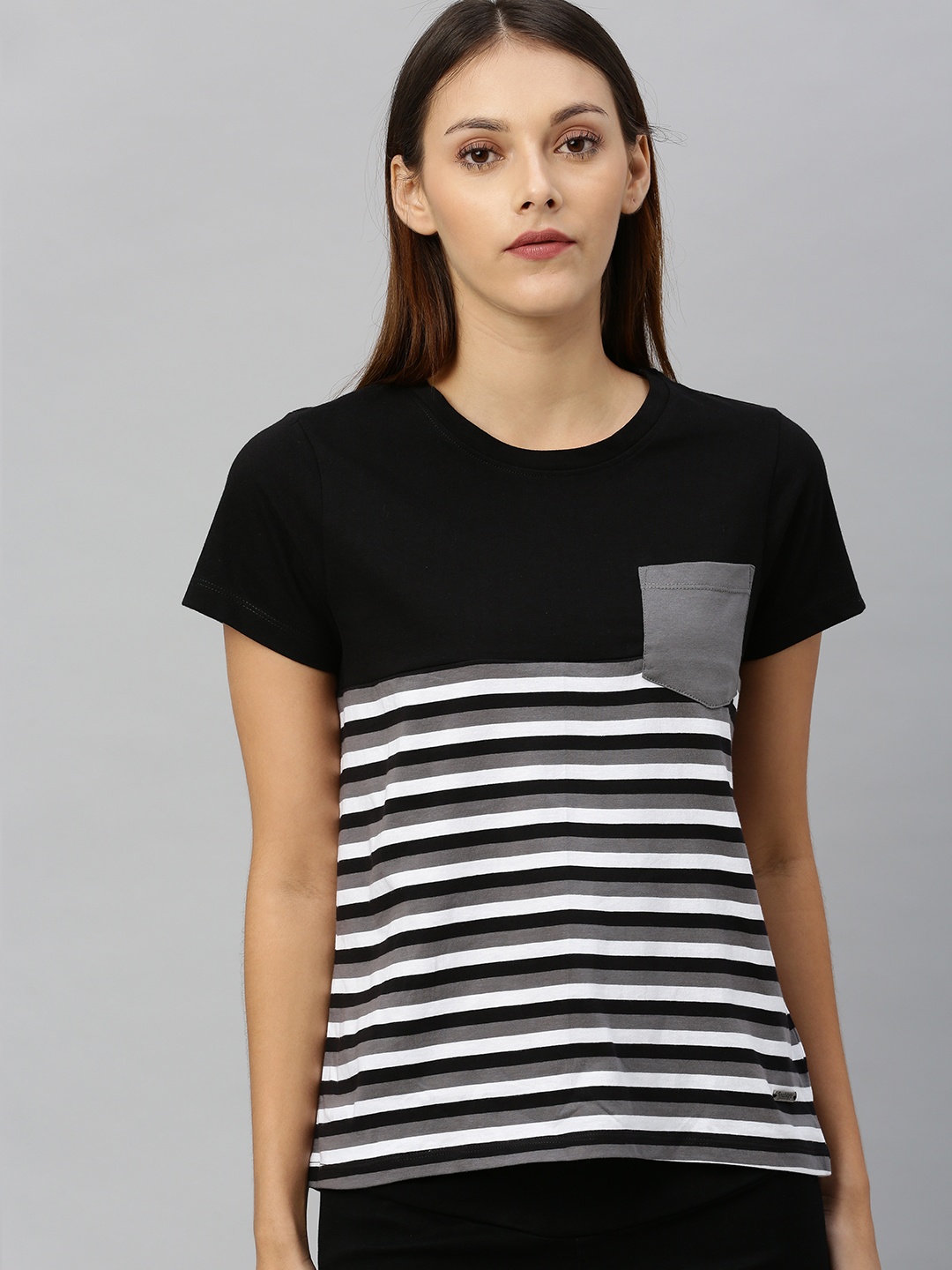 

The Roadster Lifestyle Co Women Black White Striped Round Neck Pure Cotton T-shirt