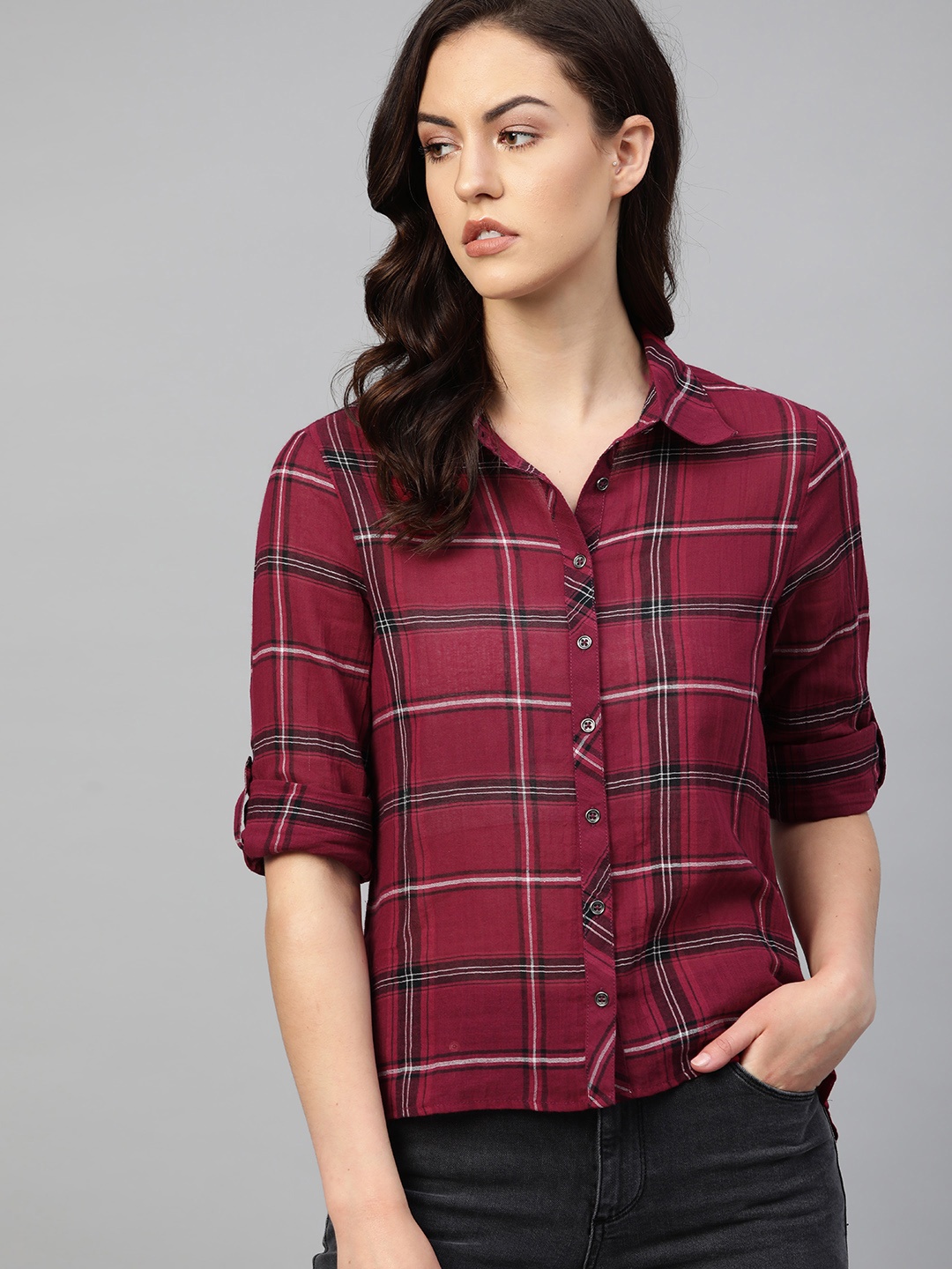 

The Roadster Lifestyle Co Women Maroon & Black Checked Casual Shirt