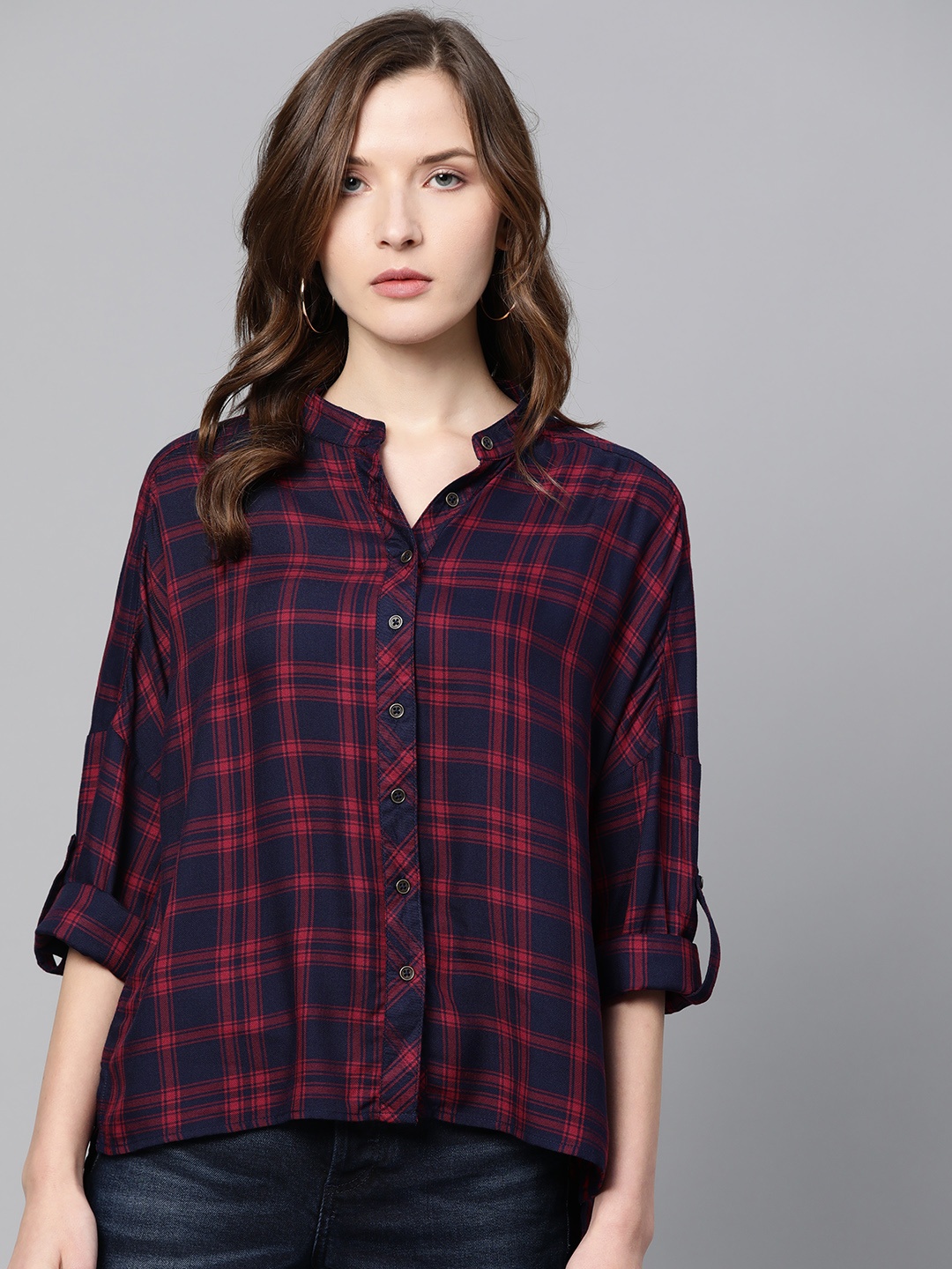 

Roadster Women Navy Blue Red Boxy Checked Casual Shirt