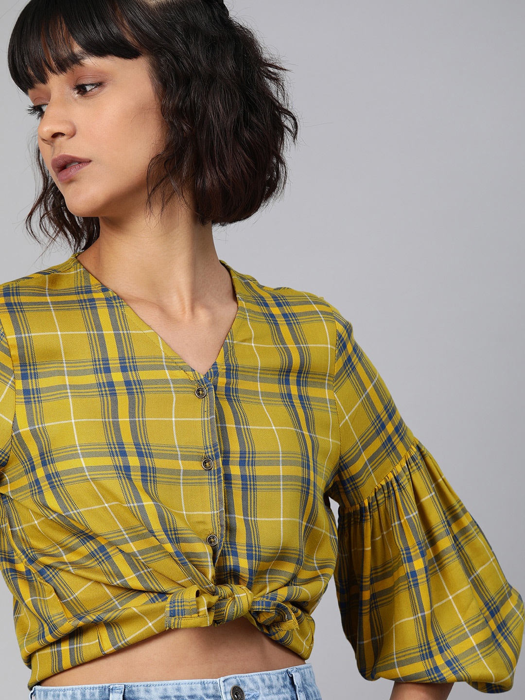 

The Roadster Lifestyle Co Women Mustard Yellow & Blue Checked Sustainable Top