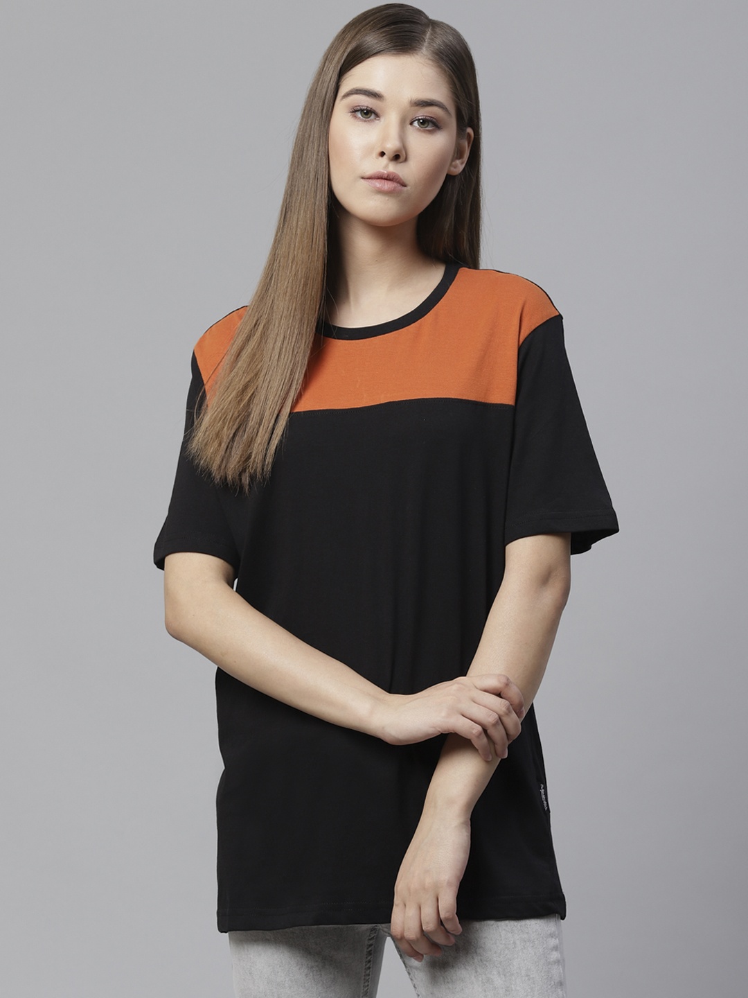 

The Roadster Lifestyle Co Women Black & Rust Orange Colourblocked Round Neck T-shirt