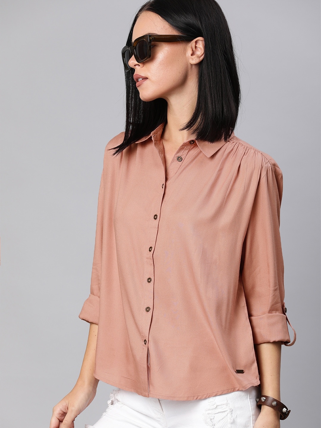 

The Roadster Lifestyle Co Women Nude-Coloured Regular Fit Solid Casual ECOVERO Shirt With Pleated Detailing