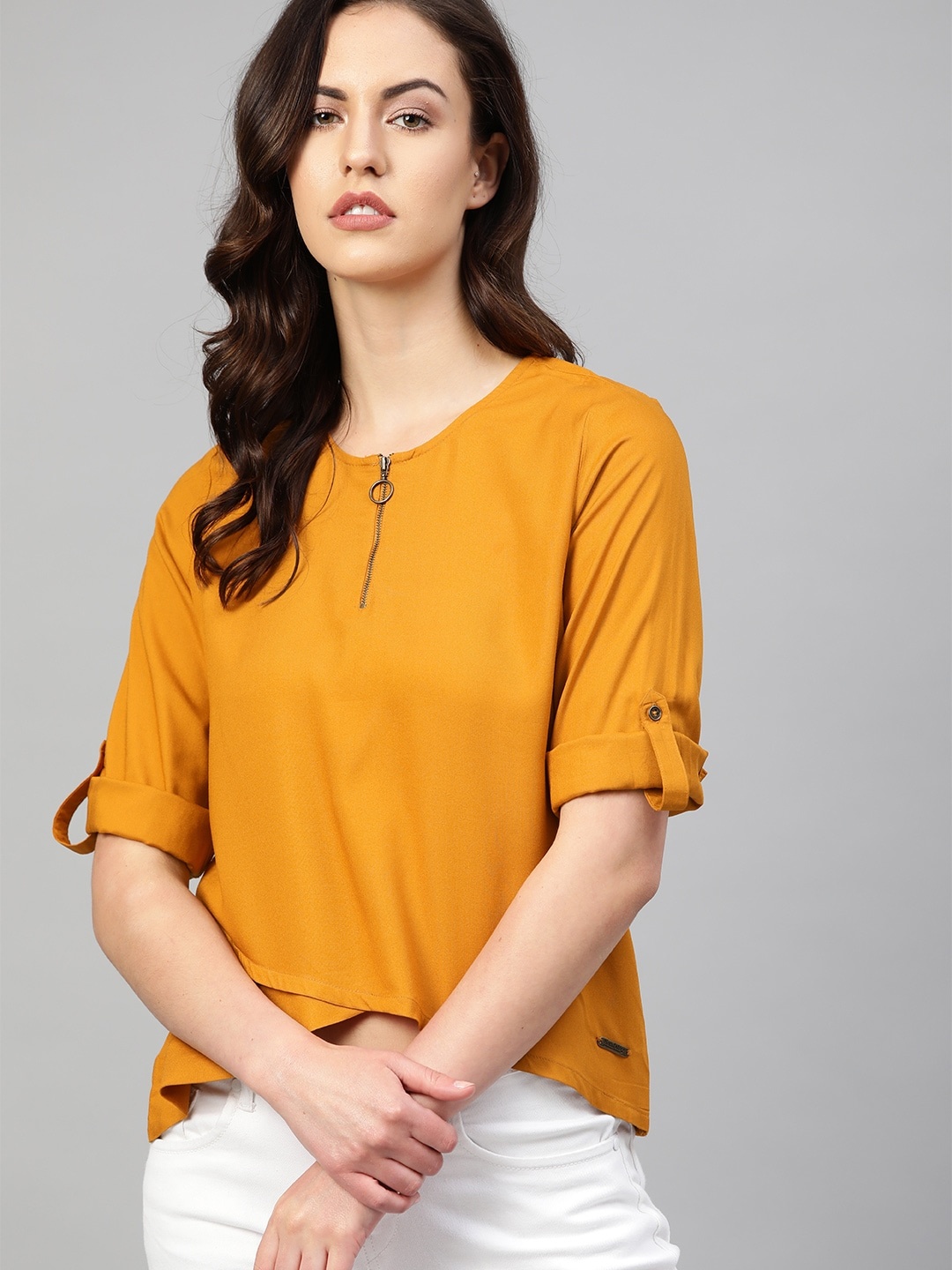 

The Roadster Lifestyle Co Women Mustard Yellow Solid High-Low Sustainable Top