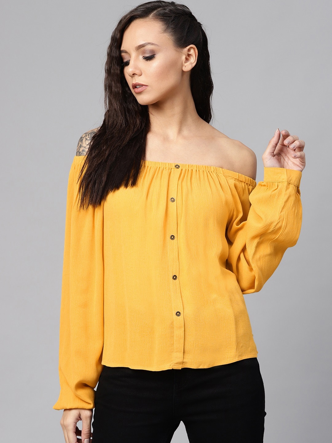 

The Roadster Lifestyle Co Greenturn Women Mustard Yellow Solid Bardot Sustainable Top