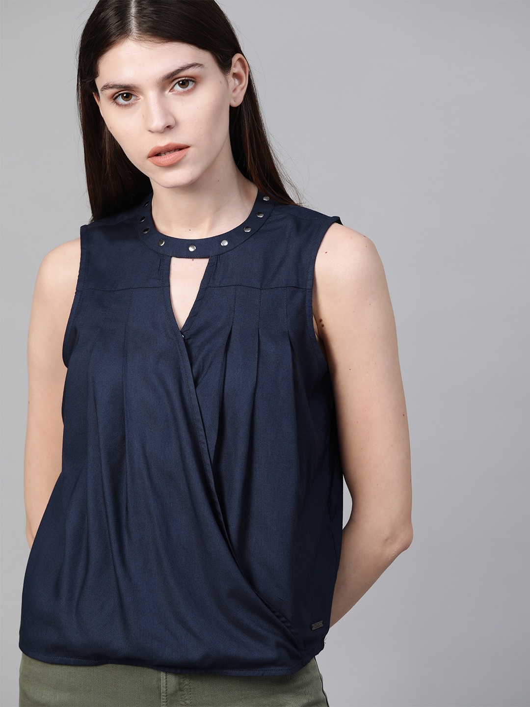 

The Roadster Lifestyle Co Women Navy Blue Solid Wrap Sustainable Top