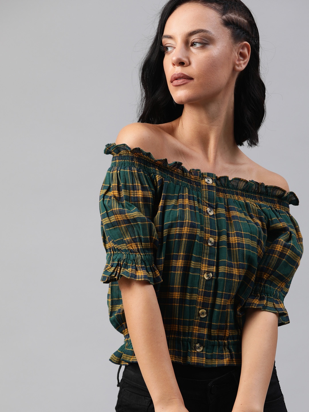 

The Roadster Lifestyle Co Women Green & Yellow Checked Bardot Top