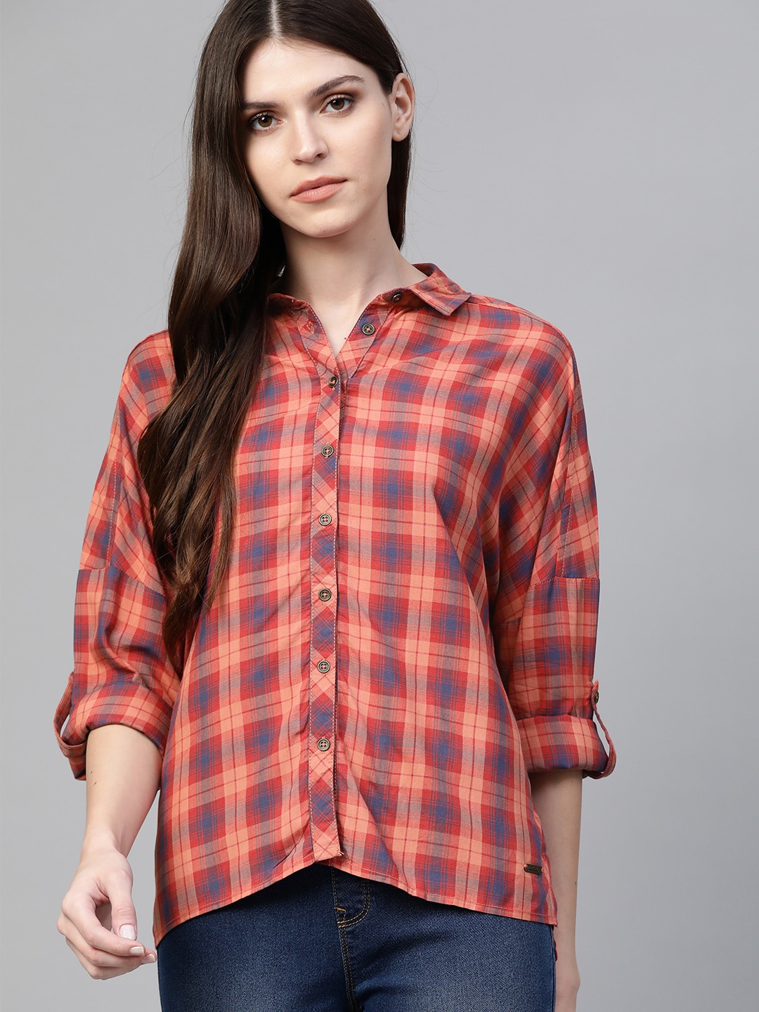 

The Roadster Lifestyle Co Women Red & Blue Boxy Checked Casual Shirt