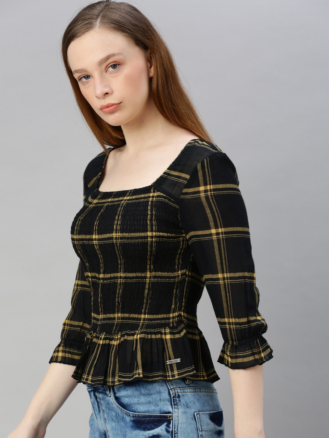 

The Roadster Lifestyle Co Black Yellow Checked Smocked Plaid Bell Sleeve Peplum Top