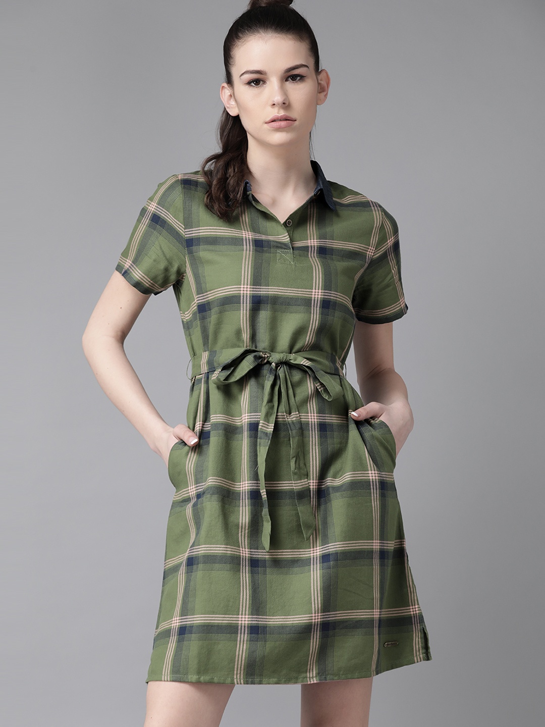 

The Roadster Lifestyle Co Women Green & Navy Blue Checked Pure Cotton Shirt Dress