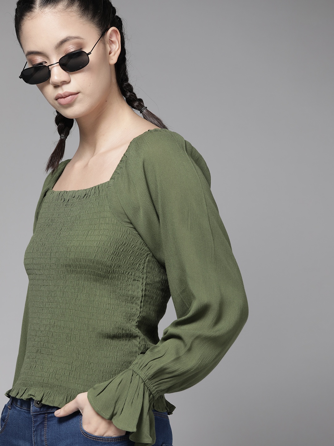 

The Roadster Lifestyle Co ECOVERO Greenturn Women Olive Green Smocked Fitted Sustainable Top