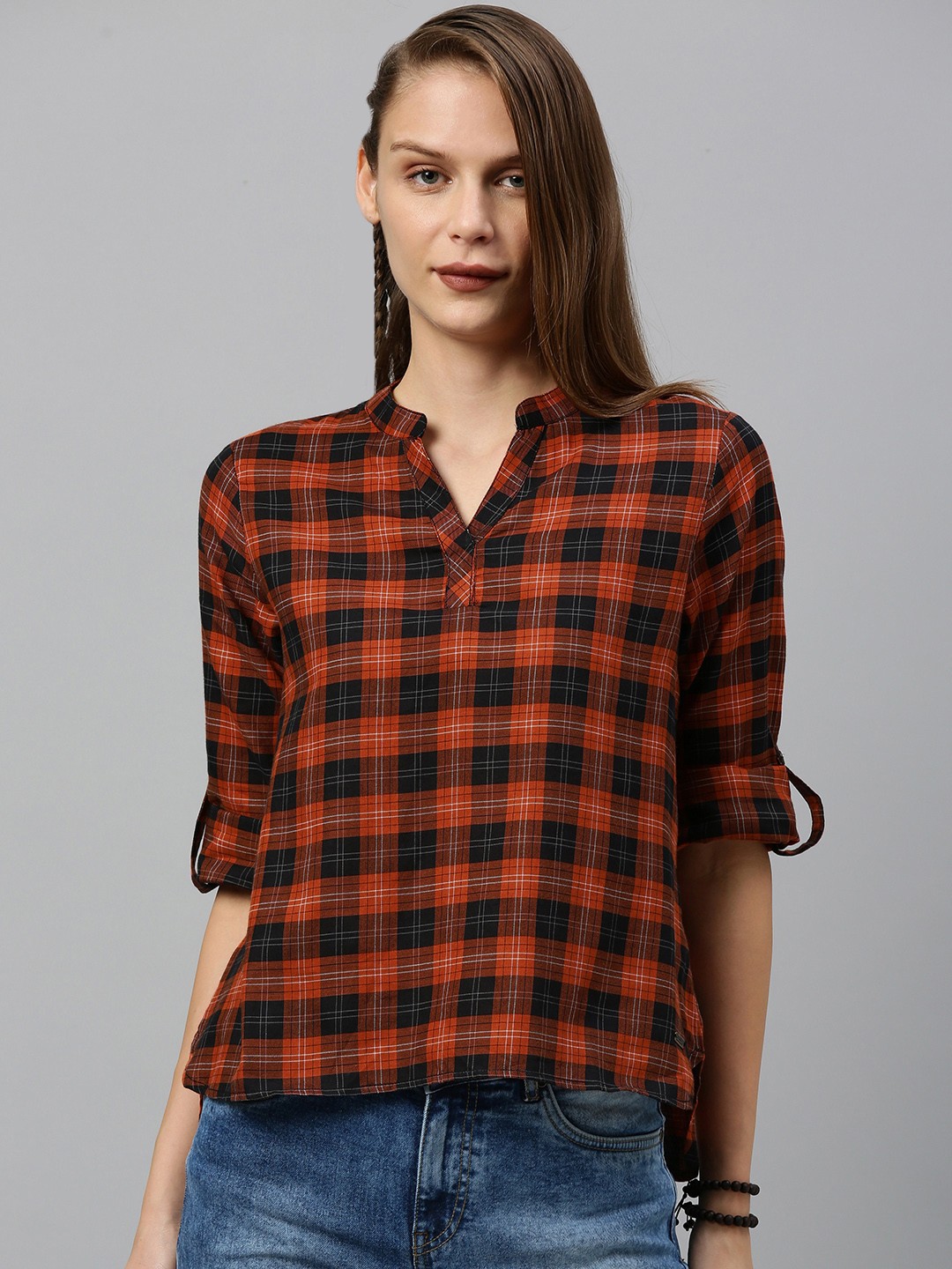 

The Roadster Lifestyle Co Women Black & Rust Red Checked Top