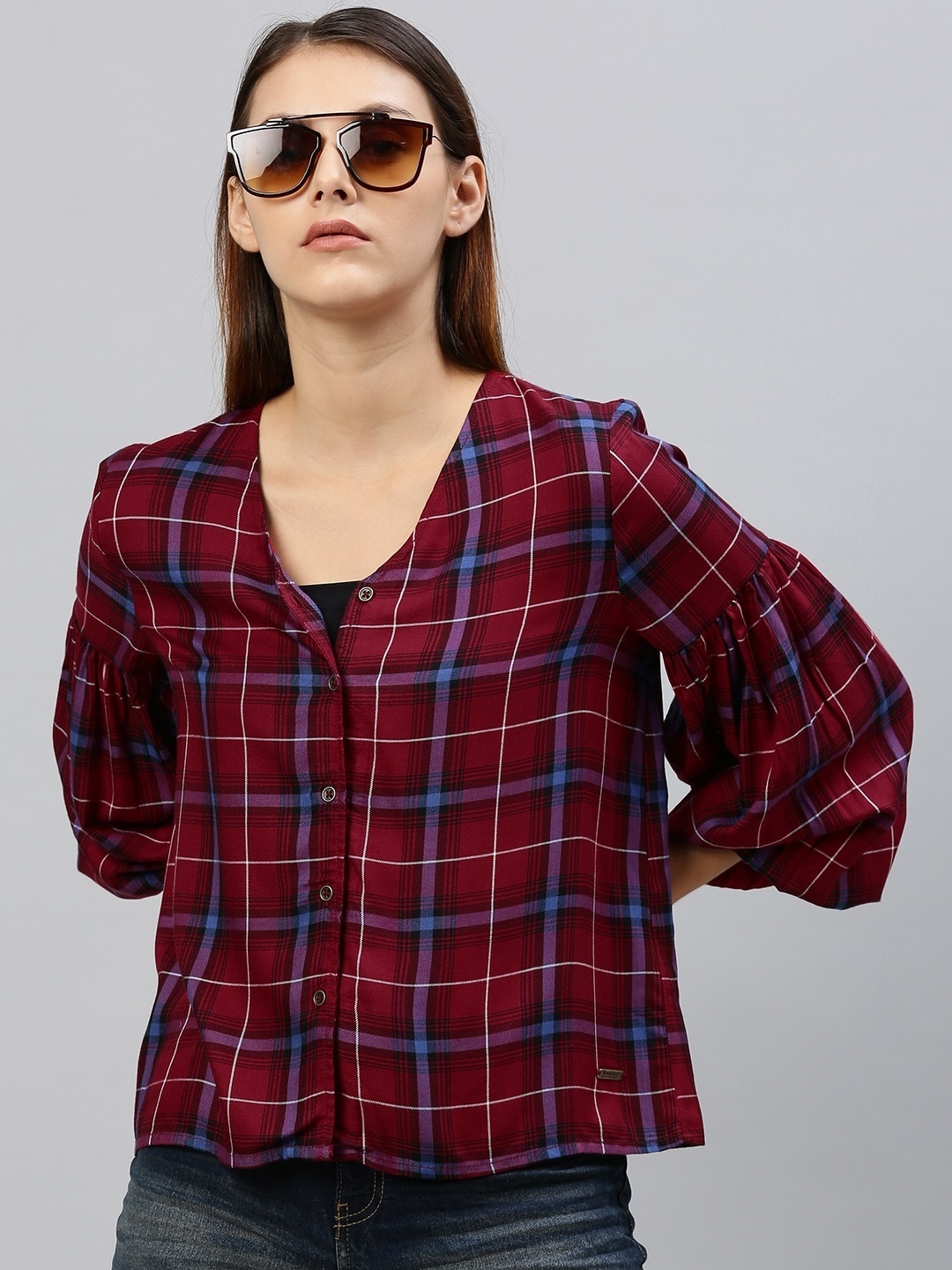 

The Roadster Lifestyle Co Sustainable ECOVERO Women Maroon & Blue Checked Top