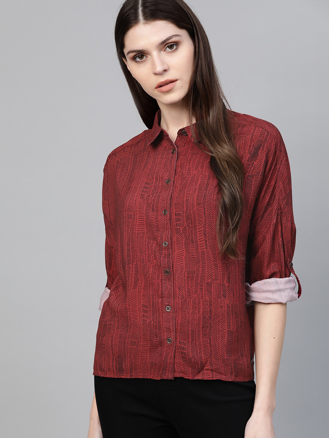 

The Roadster Lifestyle Co Women Maroon & Black Boxy Printed Casual Sustainable Shirt, Red
