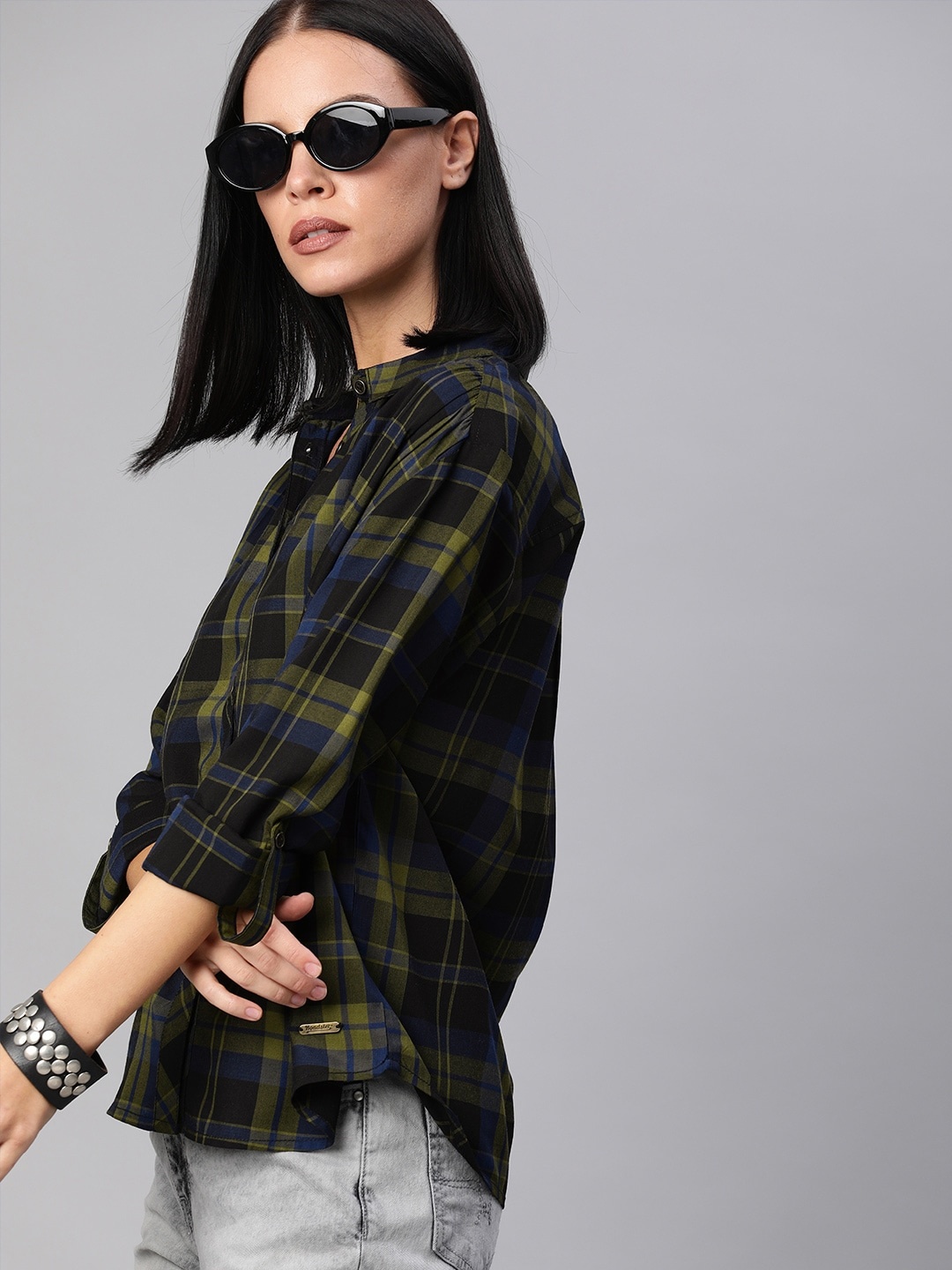 

Roadster Women Olive Green Navy Blue Regular Fit Checked Casual Shirt