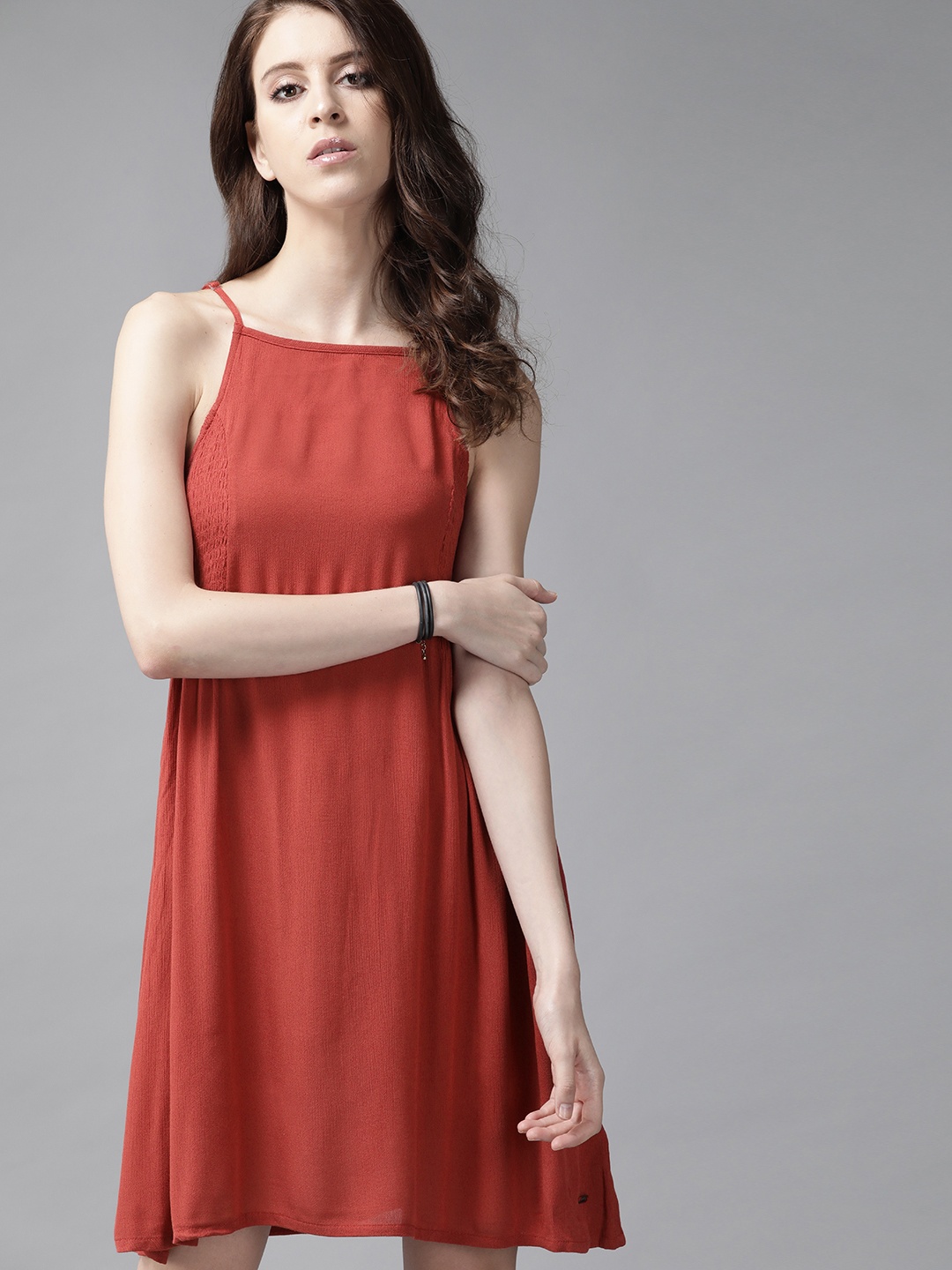 

The Roadster Lifestyle Co GreenTurn Women Rust Red Eco Friendly Viscose Smocked A-Line Sustainable Dress