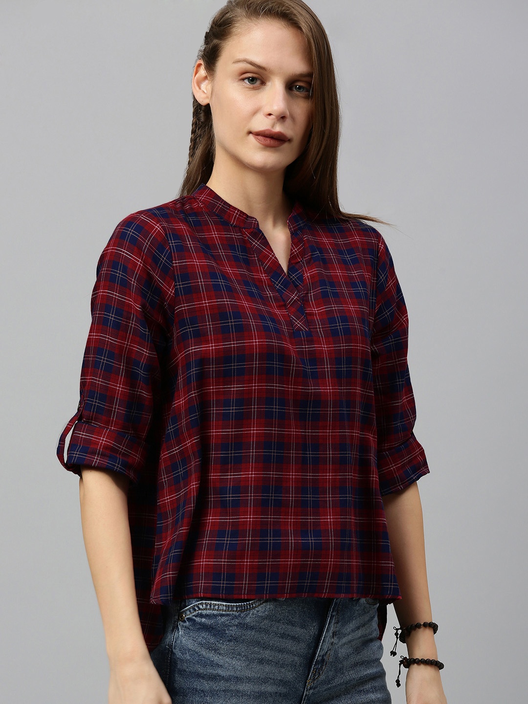 

The Roadster Lifestyle Co Women Red & Blue Checked Shirt Style Top with Roll-Up Sleeves