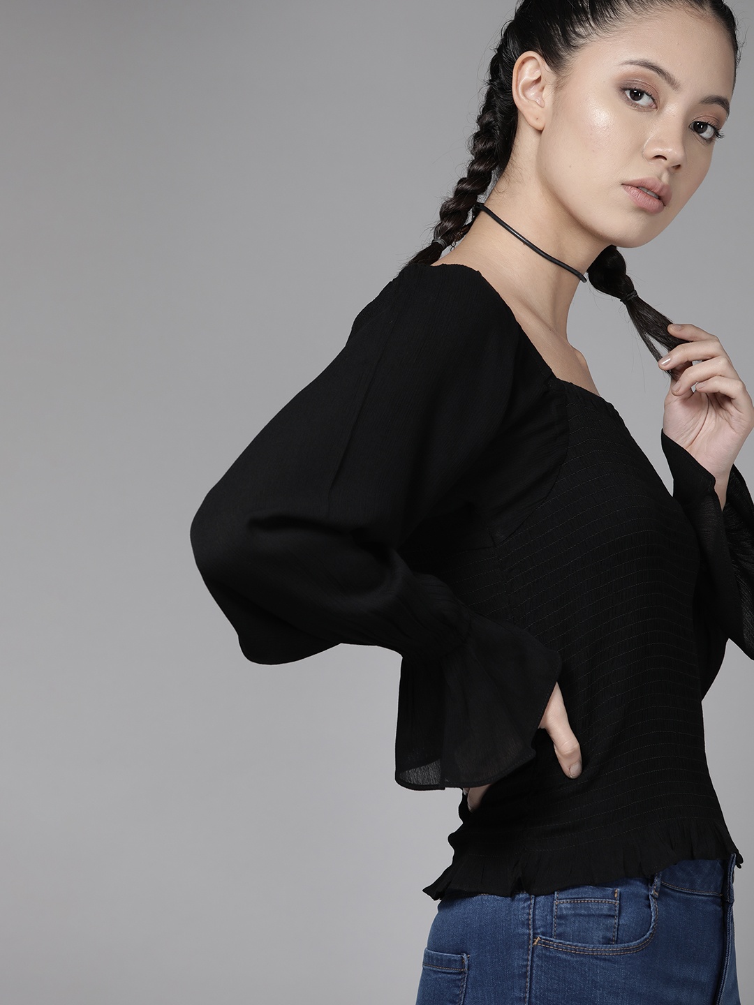 

The Roadster Lifestyle Co Sustainable ECOVERO Greenturn Women Black Smocked Fitted Top