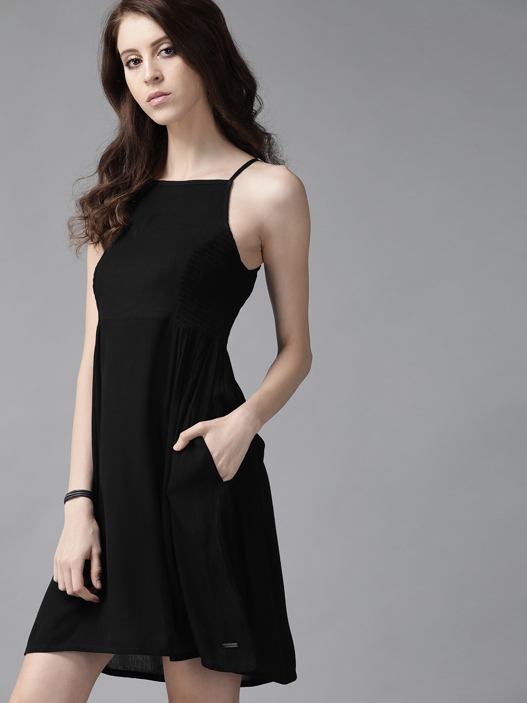 

The Roadster Lifestyle Co GreenTurn Women Black Eco Friendly Viscose Smocked A-Line Sustainable Dress
