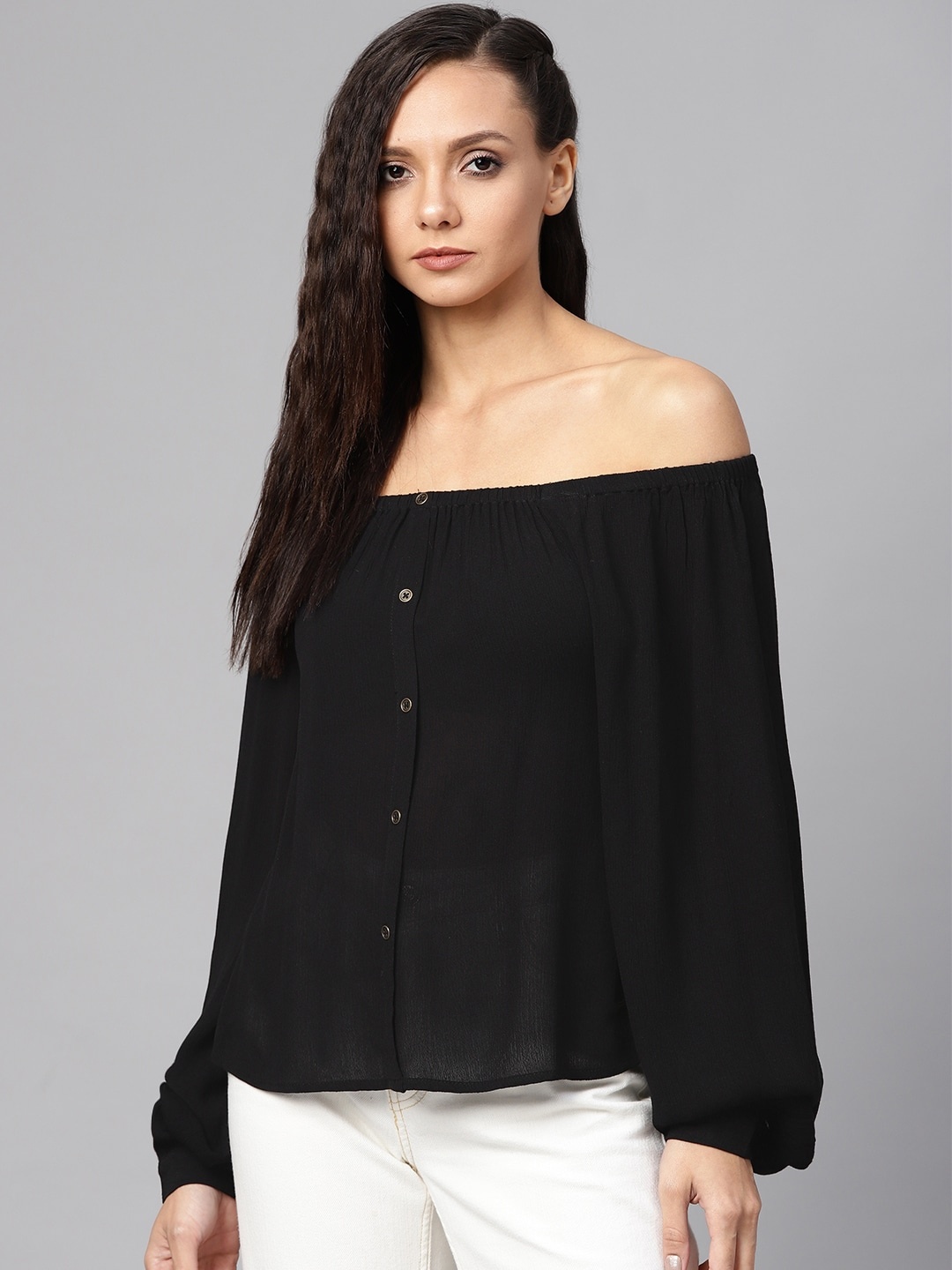 

The Roadster Lifestyle Co Women Black Solid Bardot Sustainable Top