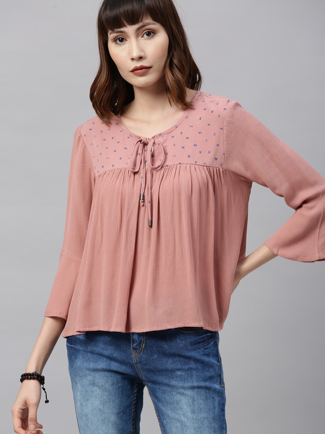 

The Roadster Lifestyle Co Women Pink & Blue Yoke Design A-Line Top